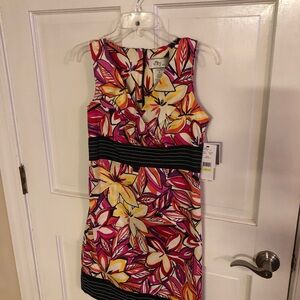 Lily Pink and Yellow Sleeveless Sheath Midi Dress for Cocktail
